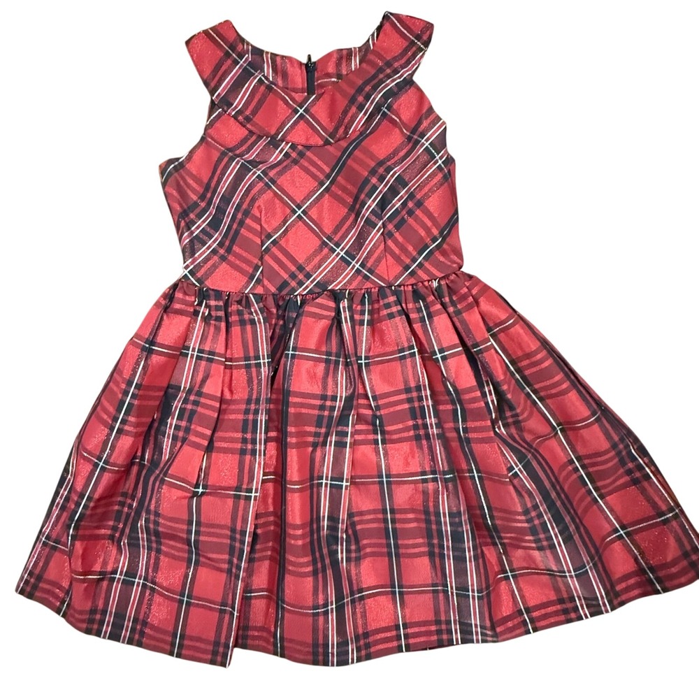 Bonnie Jean Dress Red Plaid Metallic Sparkle Occasion Sleeveless size 8